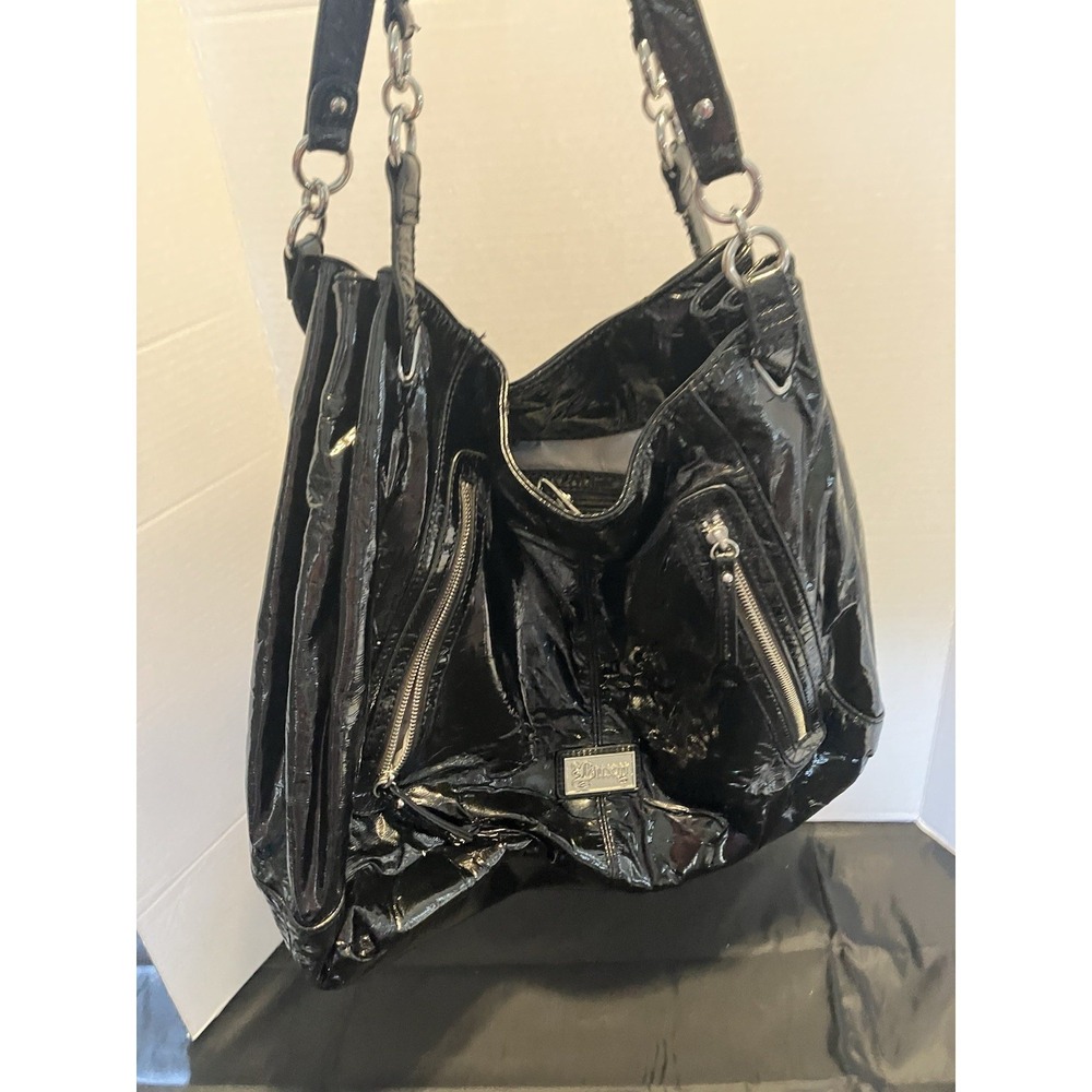 Luxy Black Shiny Patent Leather Crinkled Purse Bag. Front Zippers Silver Toned
